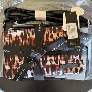 Tahari Black and Brown Patterned Clutch with Black Crossbody Bag. 2 pieces